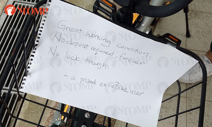 oBike用户留字条在车篮骂公司不退还押金